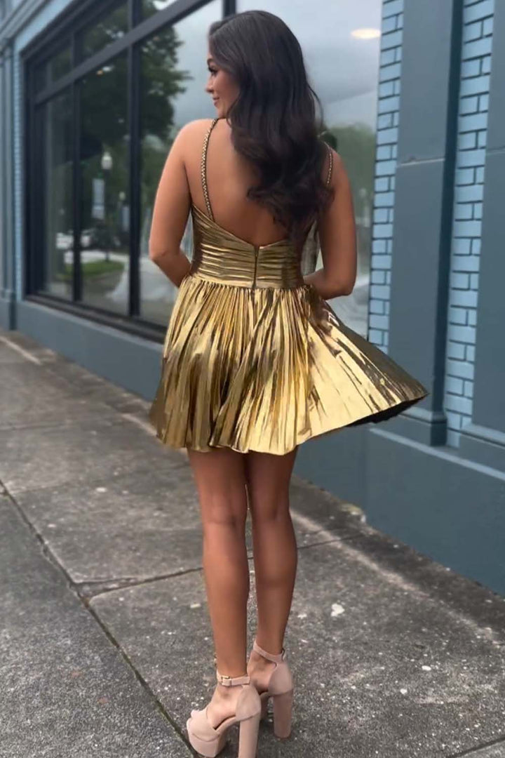 Halter Metallic Pleated Homecoming Dress