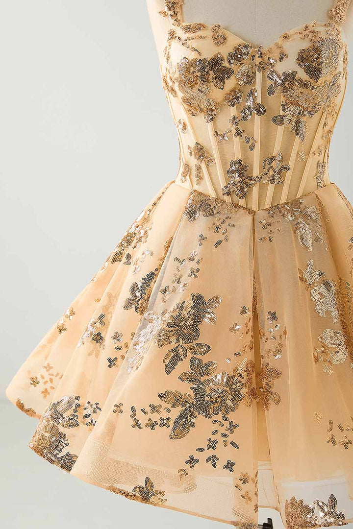 Floral Sequin Corset A-Line Hoco Dress