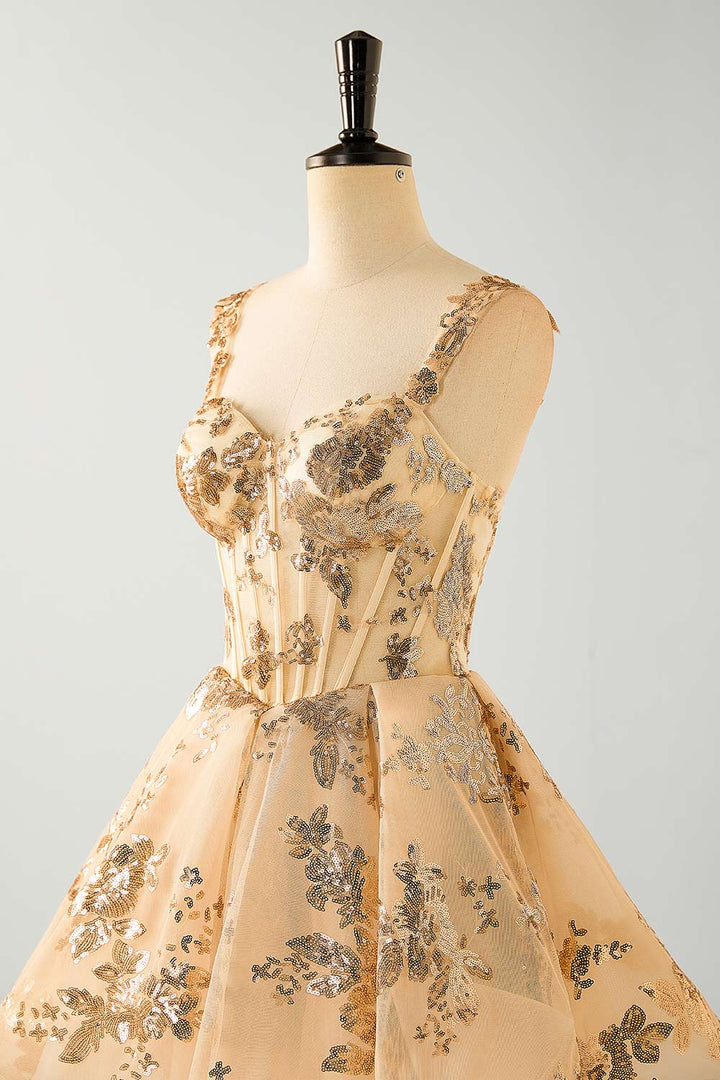 Floral Sequin Corset A-Line Hoco Dress