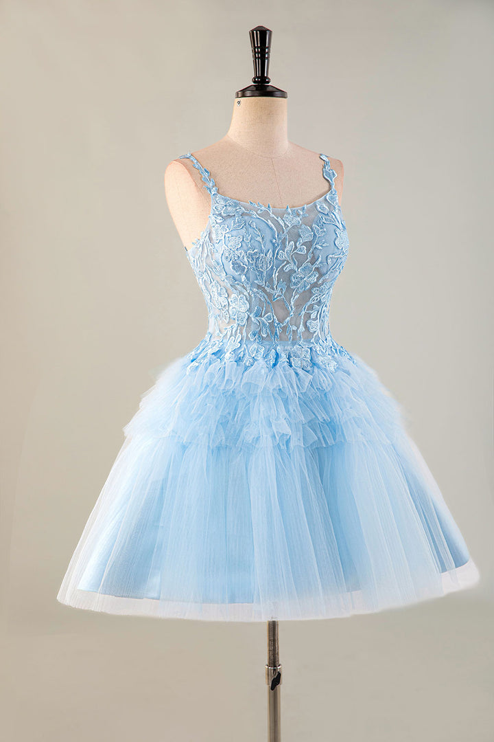 Cute Light Blue Sheer Bodice Appliques Homecoming Dress