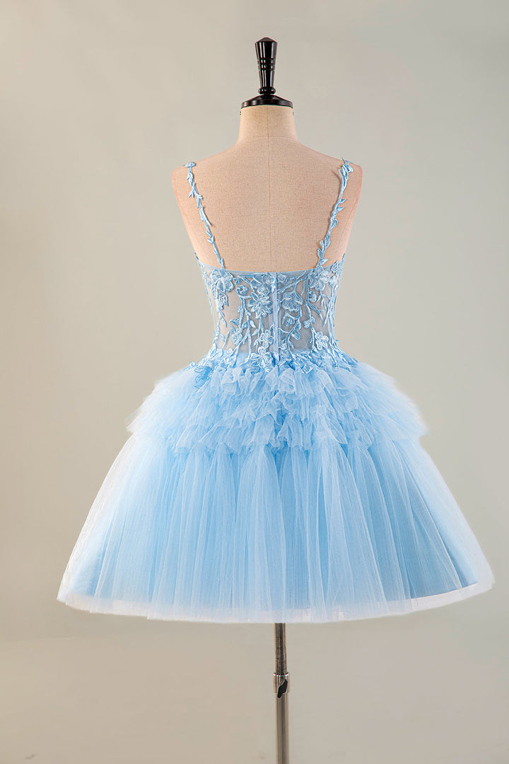 Cute Light Blue Sheer Bodice Appliques Homecoming Dress
