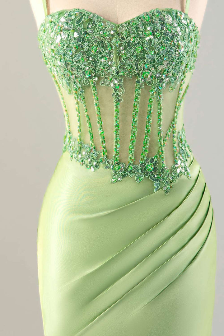 Fitted Green Sheer Corset Bodice Beaded Homecoming Dress