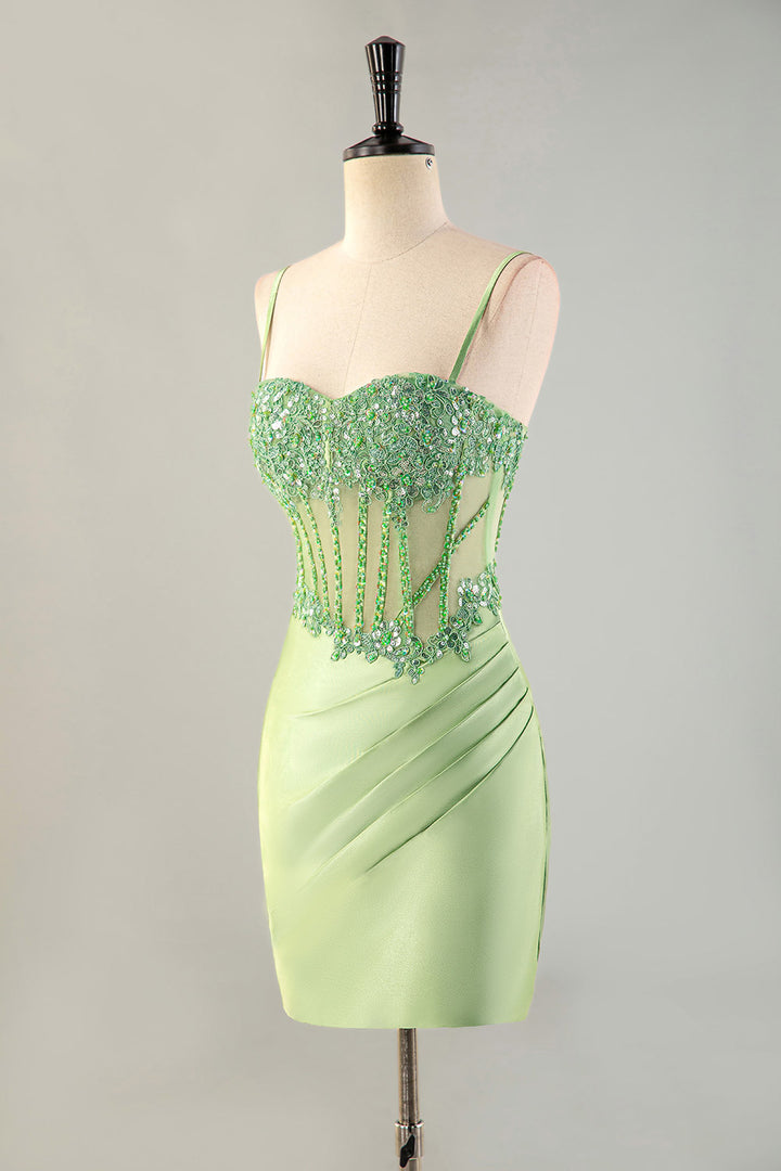 Fitted Green Sheer Corset Bodice Beaded Homecoming Dress