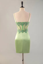 Load image into Gallery viewer, Fitted Green Sheer Corset Bodice Beaded Homecoming Dress
