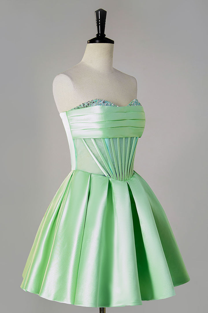 A-Line Strapless Sheer Corset Homecoming Dress with Beads