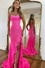 Load image into Gallery viewer, Strapless Corset Bodice Fitted Prom Dress with Ruffle Slit
