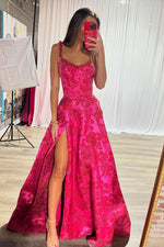 Load image into Gallery viewer, Hot Pink Floral Prom Dress with Slit
