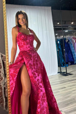 Load image into Gallery viewer, Hot Pink Floral Prom Dress with Slit
