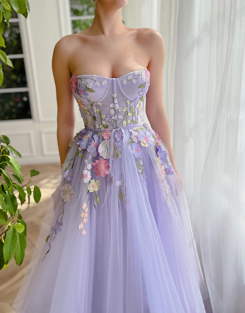 Sweetheart Lavender 3D Flowers Prom Dress