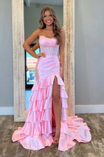 Load image into Gallery viewer, Strapless Corset Bodice Fitted Prom Dress with Ruffle Slit
