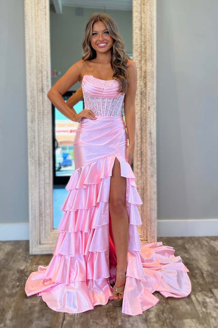 Strapless Corset Bodice Fitted Prom Dress with Ruffle Slit