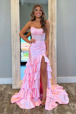 Load image into Gallery viewer, Strapless Corset Bodice Fitted Prom Dress with Ruffle Slit
