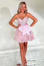 Load image into Gallery viewer, Strapless Corset Bodice Homecoming Dress with Bow
