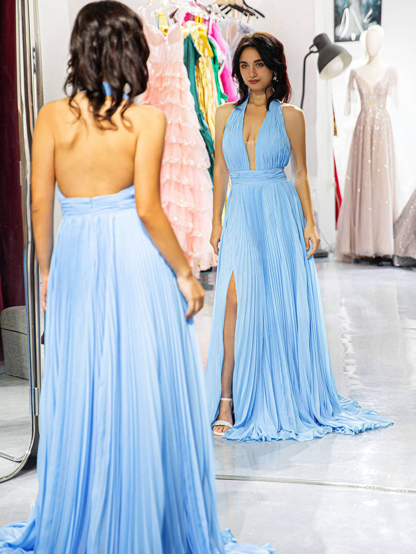 Light Blue Backless Prom Dress