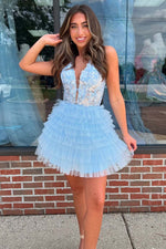 Load image into Gallery viewer, A-Line Tiered Bodice Homecoming Dress with Appliques
