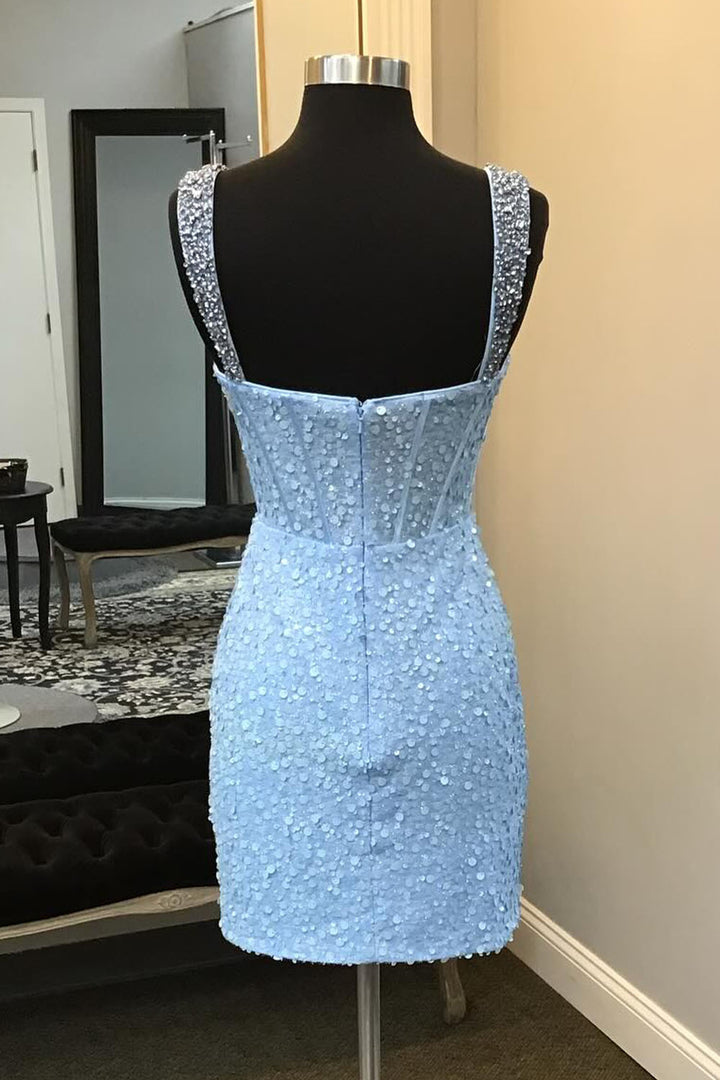 Blue Straps Homecoming Dress with Beads