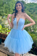 Load image into Gallery viewer, Light Blue Strapless Homecoming Dress
