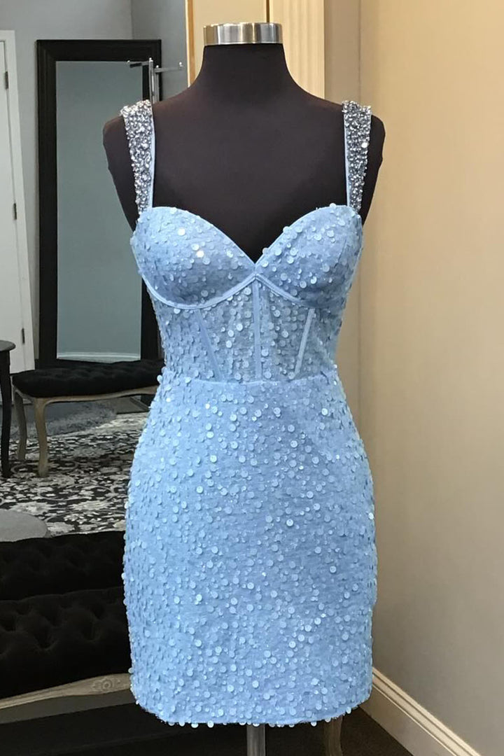 Blue Straps Homecoming Dress with Beads