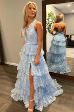 Load image into Gallery viewer, Ruffle Backless Light Blue Prom Dress
