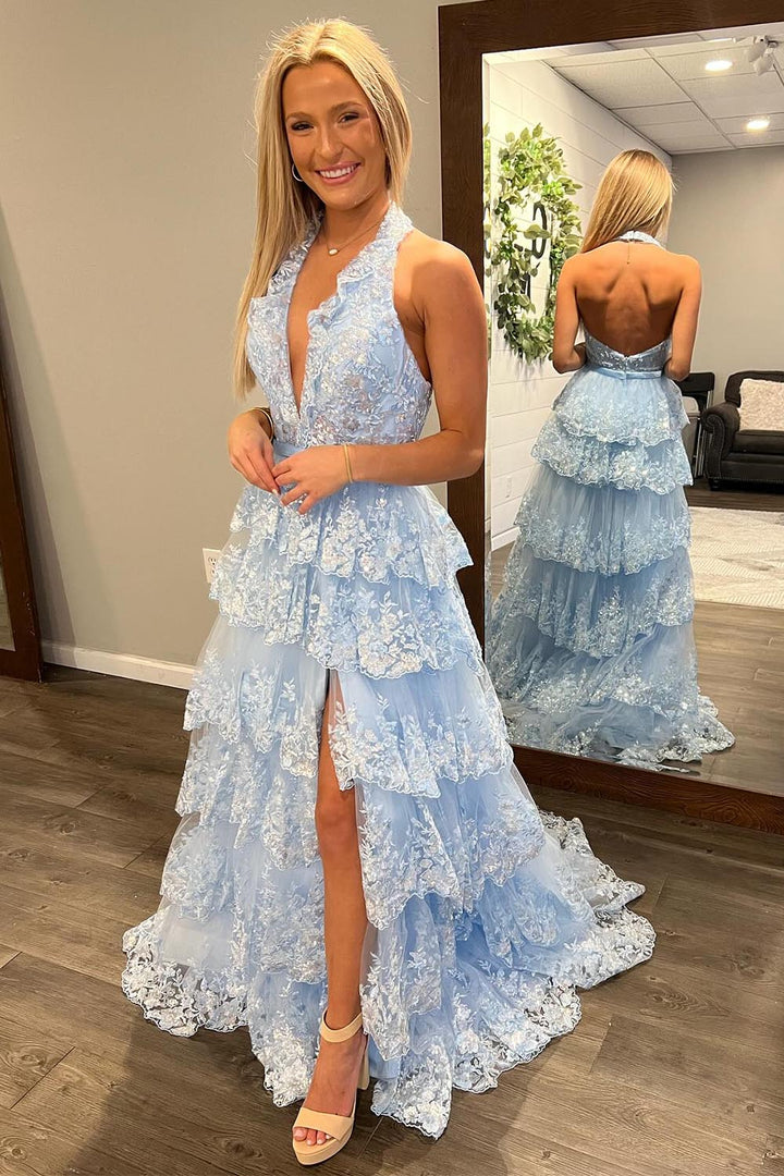 Ruffle Backless Light Blue Prom Dress