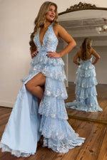 Load image into Gallery viewer, Ruffle Backless Light Blue Prom Dress
