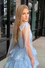 Load image into Gallery viewer, Light Blue Ruffle Straps Homecoming Dress
