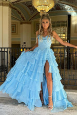 Load image into Gallery viewer, Strapless Corset Bodice Tiered Ruffle Prom Dress with Slit
