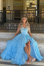 Load image into Gallery viewer, Strapless Corset Bodice Tiered Ruffle Prom Dress with Slit
