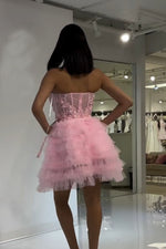 Load image into Gallery viewer, Light Pink Strapless Homecoming Dress with Appliques
