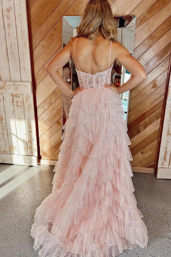 Ruffle Slit Corset Prom Dress