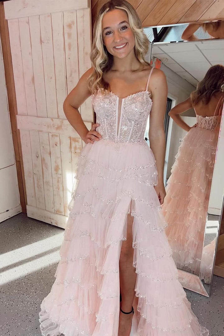 Ruffle Slit Corset Prom Dress