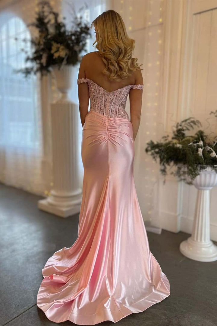 Light Pink Off the Shoulder Prom Dress with Slit