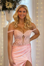 Load image into Gallery viewer, Light Pink Off the Shoulder Prom Dress with Slit
