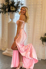 Load image into Gallery viewer, Light Pink Off the Shoulder Prom Dress with Slit
