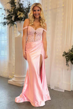 Load image into Gallery viewer, Light Pink Off the Shoulder Prom Dress with Slit
