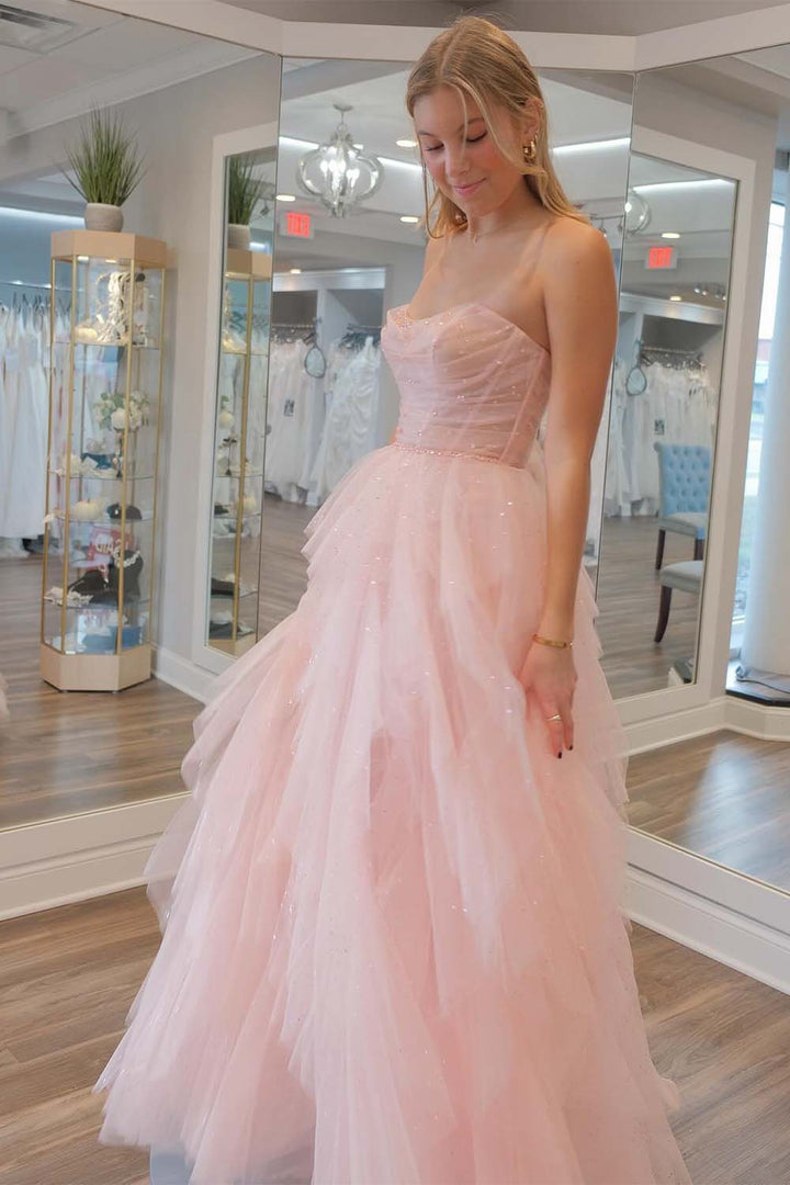 Cute Light Pink Ruffle Prom Dress with Bodice Corset