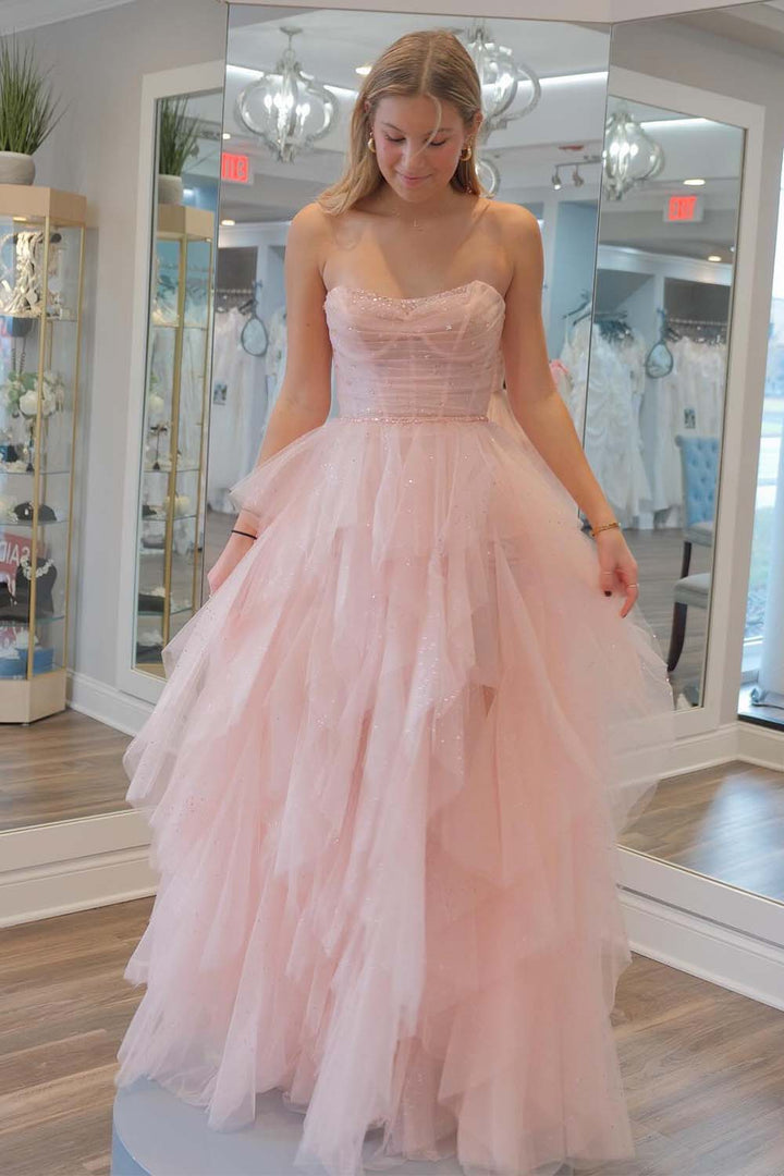 Cute Light Pink Ruffle Prom Dress with Bodice Corset