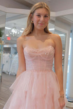 Load image into Gallery viewer, Cute Light Pink Ruffle Prom Dress with Bodice Corset
