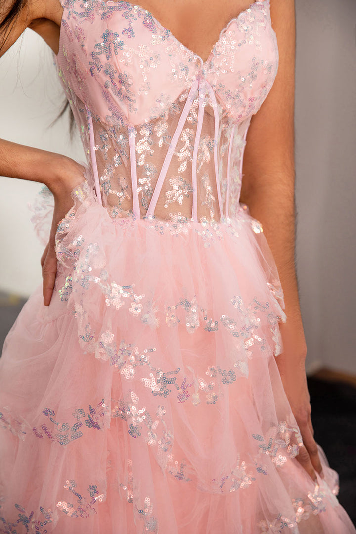 Sheer Corset Bodice Ruffle Prom Dress