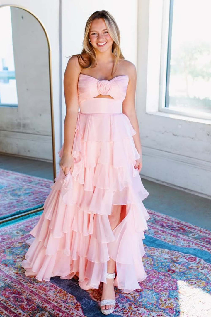 Strapless Ruffle Chiffon Slit Prom Dress with Keyhole