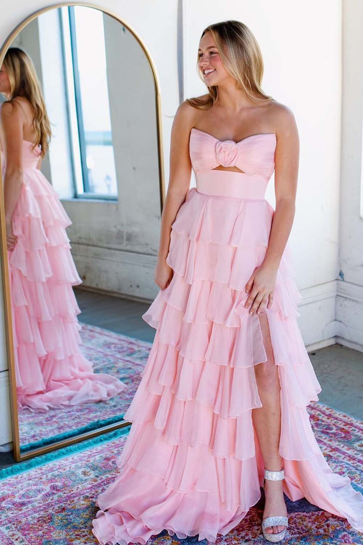 Strapless Ruffle Chiffon Slit Prom Dress with Keyhole