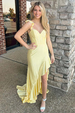 Load image into Gallery viewer, Corset Ruffle Slit Straps Prom Dress with Beads
