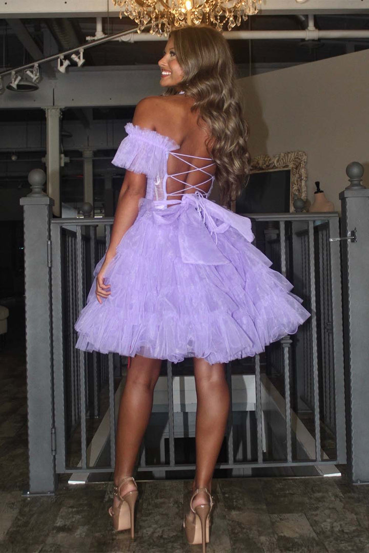 Off the Shoulder Tulle Lilac Homecoming Dress