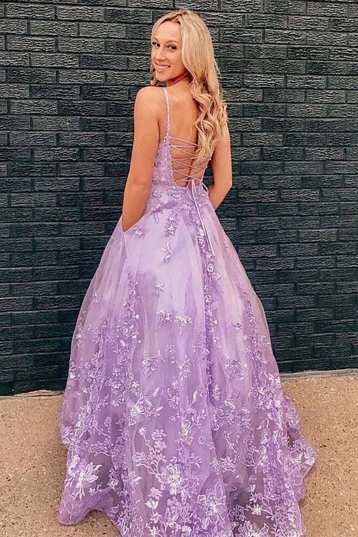 Lilac Tulle Prom Dress with Appliques