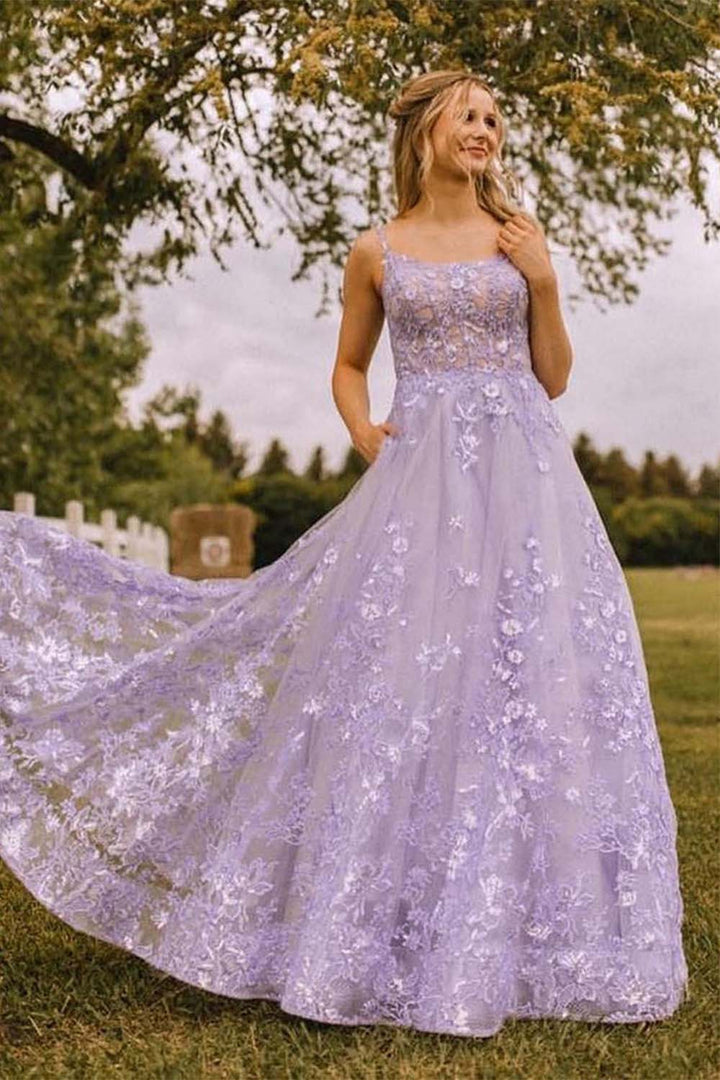 Lilac Tulle Prom Dress with Appliques