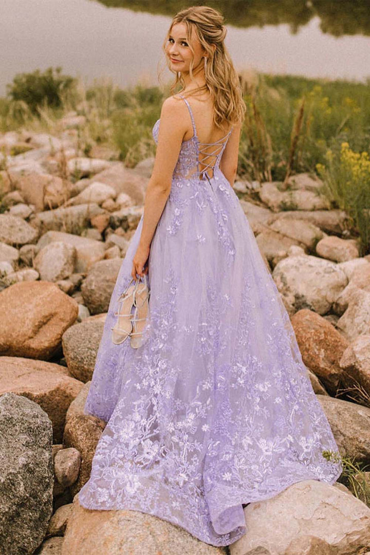 Lilac Tulle Prom Dress with Appliques