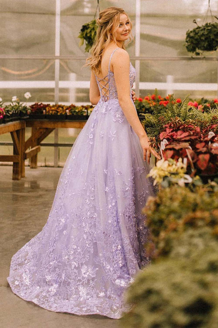 Lilac Tulle Prom Dress with Appliques