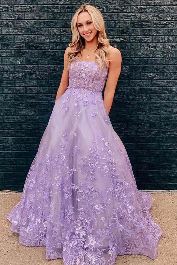 Lilac Tulle Prom Dress with Appliques