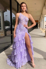 Load image into Gallery viewer, One Shoulder Ruffle Prom Dress with Sequin
