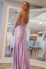 Load image into Gallery viewer, Strapless Sheer Corset Bodice Slit Prom Dress
